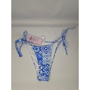Wild Fable Tile Print Side-Tie Bikini Bottom Blue/White XS NWT